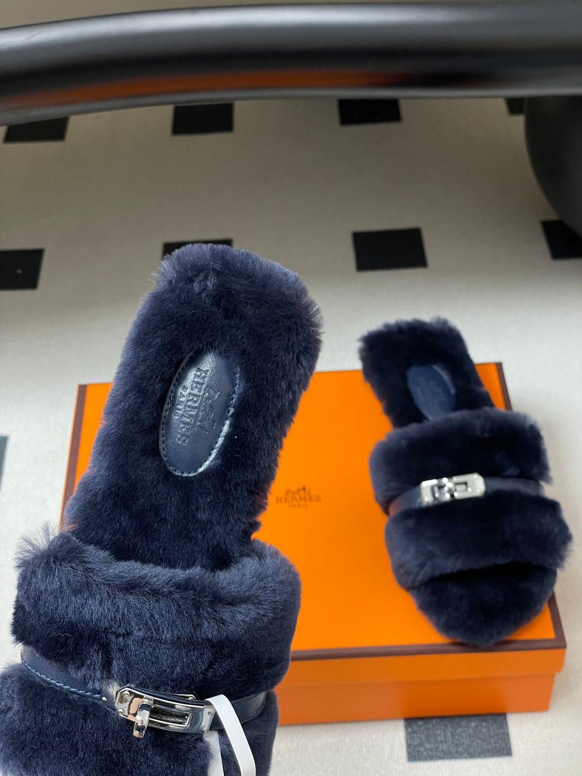 Hermes Giulia Kelly Buckle H-Slippers Navy Blue in Wool 594324