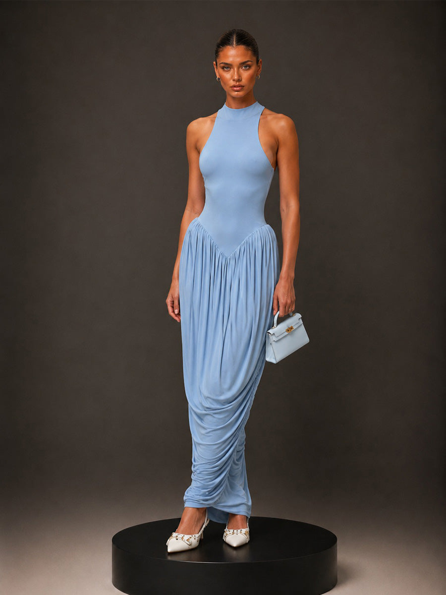 Aurora Fitted-Waist Ruched Sleeveless Maxi Dress