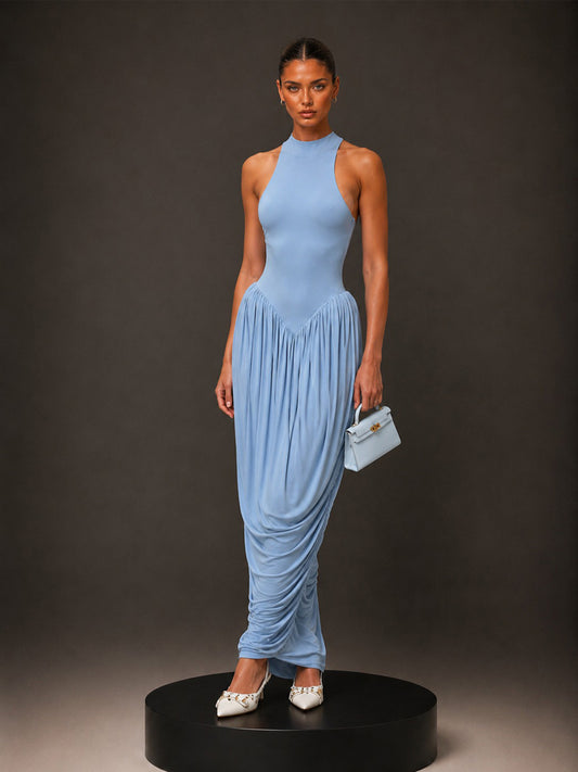 Aurora Fitted-Waist Ruched Sleeveless Maxi Dress