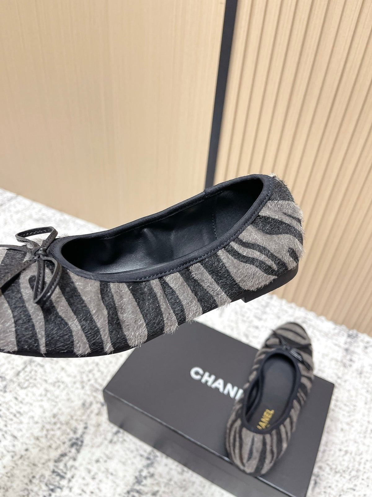 Chanel 26 Tiger Print Gray Black Ballet Flat in Sheepskin Wool 591375