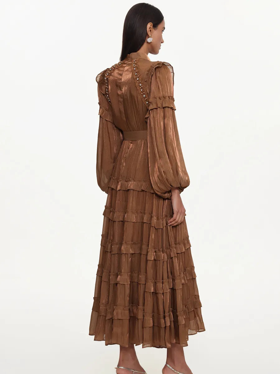 Kaia Flowy Long Sleeve Rhinestone Ruffle Woven Maxi Dress
