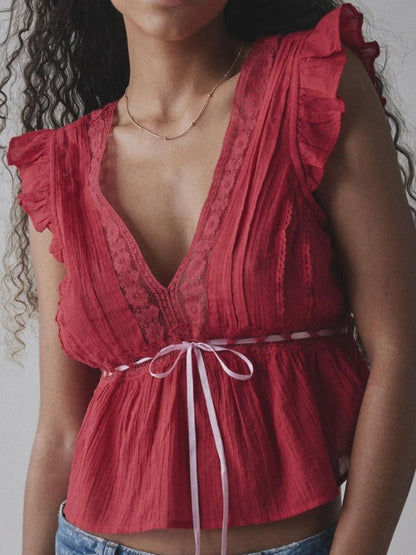 Simple V-Neck Lace Tie Waist Top
