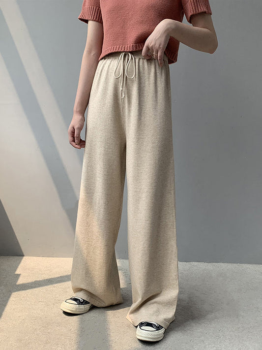 Loose Wide Leg Drawstring Solid Color Knitting Casual Pants Bottoms