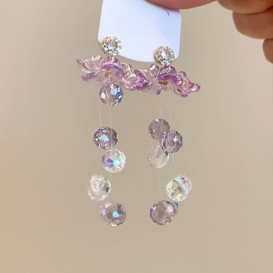 Earwish - Purple Floral &amp; Long Beaded Fringe Earrings - Delicate