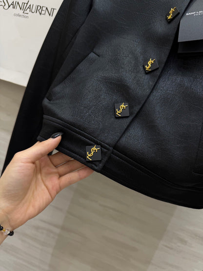 YSL 25 Short Jacket Black Acetic Acid Cracked Fabric