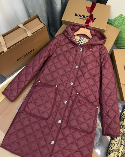 Burberry 25 Quilted Hooded Long Coat Burgundy Polyester Cotton