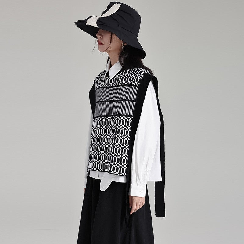 Black White Striped Knit Vest