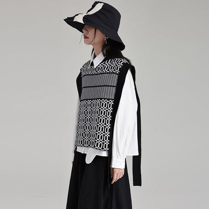 Black White Striped Knit Vest