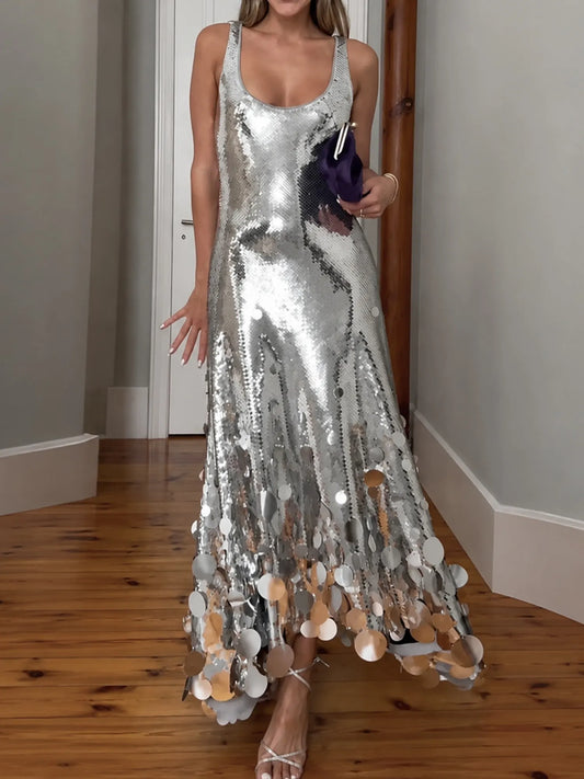 Celestia Mirror Sequin Maxi Dress in Silver