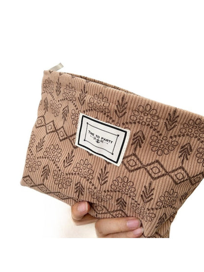 Cosbai - Fabric Geometric &amp; Floral Print Pouch Bag with Zipper
