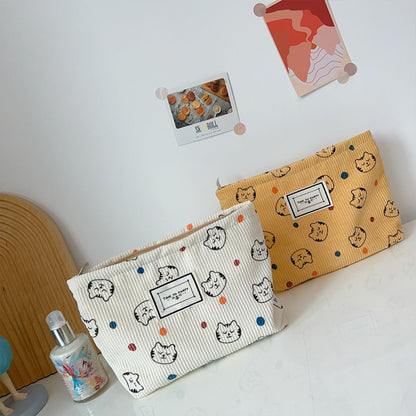 Cosbai - Corduroy Cat and Polka Dot Print Makeup Bag