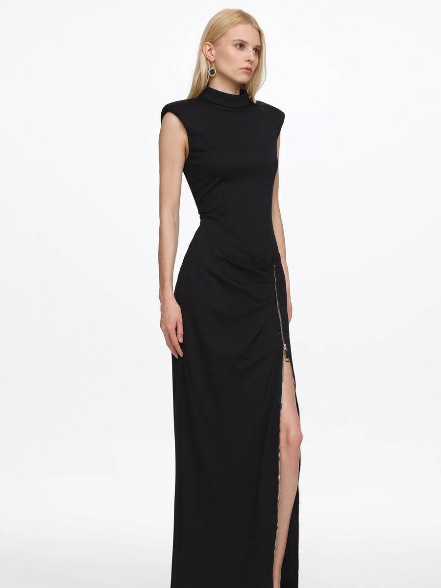 Nora Sleeveless Pleated Zipper High Slit Maxi Dress