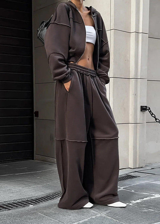 Oversized Polyester Zip Hoodie And Wide Leg Pants Set