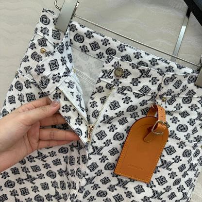 LV 25 Modern Logo Denim Pants Black White Poliester
