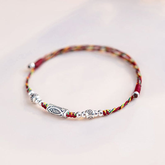 Original 925 Sterling Silver Koi Fish Bracelet Women'S Autumn Red Rope Weaving Vintage Small Gift Anklet