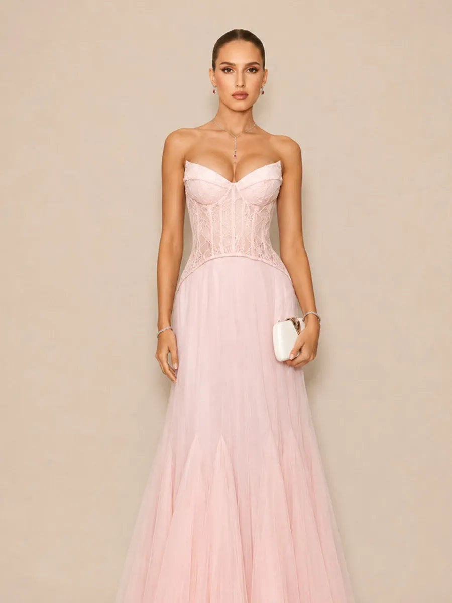 Alaya Romantic Contour Strapless Lace Tulle Maxi Dress