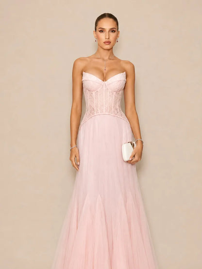 Alaya Romantic Contour Strapless Lace Tulle Maxi Dress