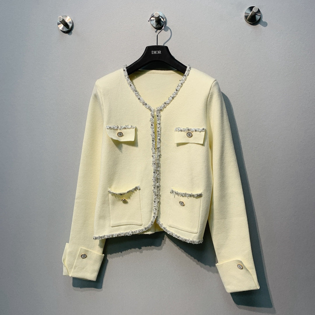 Chanel 26 Beaded Stylish Button Cardigan White in Wool 800687