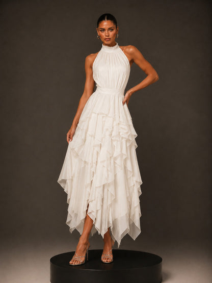 Eliana Ruffled Halter-Neck Midi Dress with Cinched Waist In White
