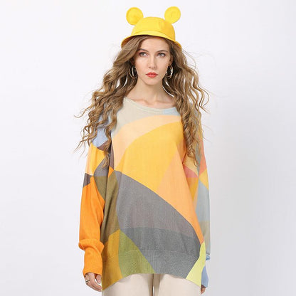 Fashion Stitching Printed Sweater Women'S European And American Large Pullover Long Sleeve Crew Neck Loose Knit