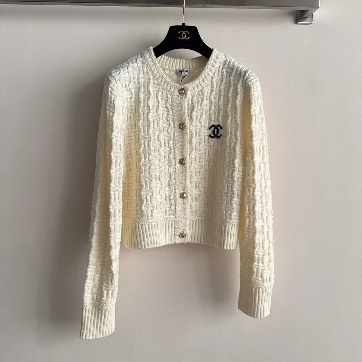 Chanel 2025 Knit Cardigan with Double C Logo Cream Wool
