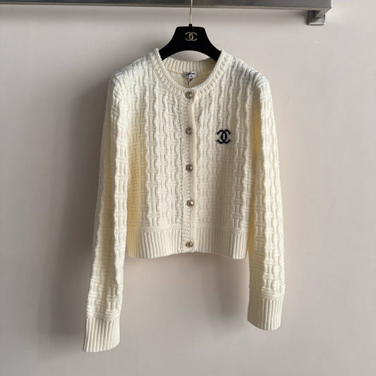 Chanel 2025 Knit Cardigan with Double C Logo Cream Wool