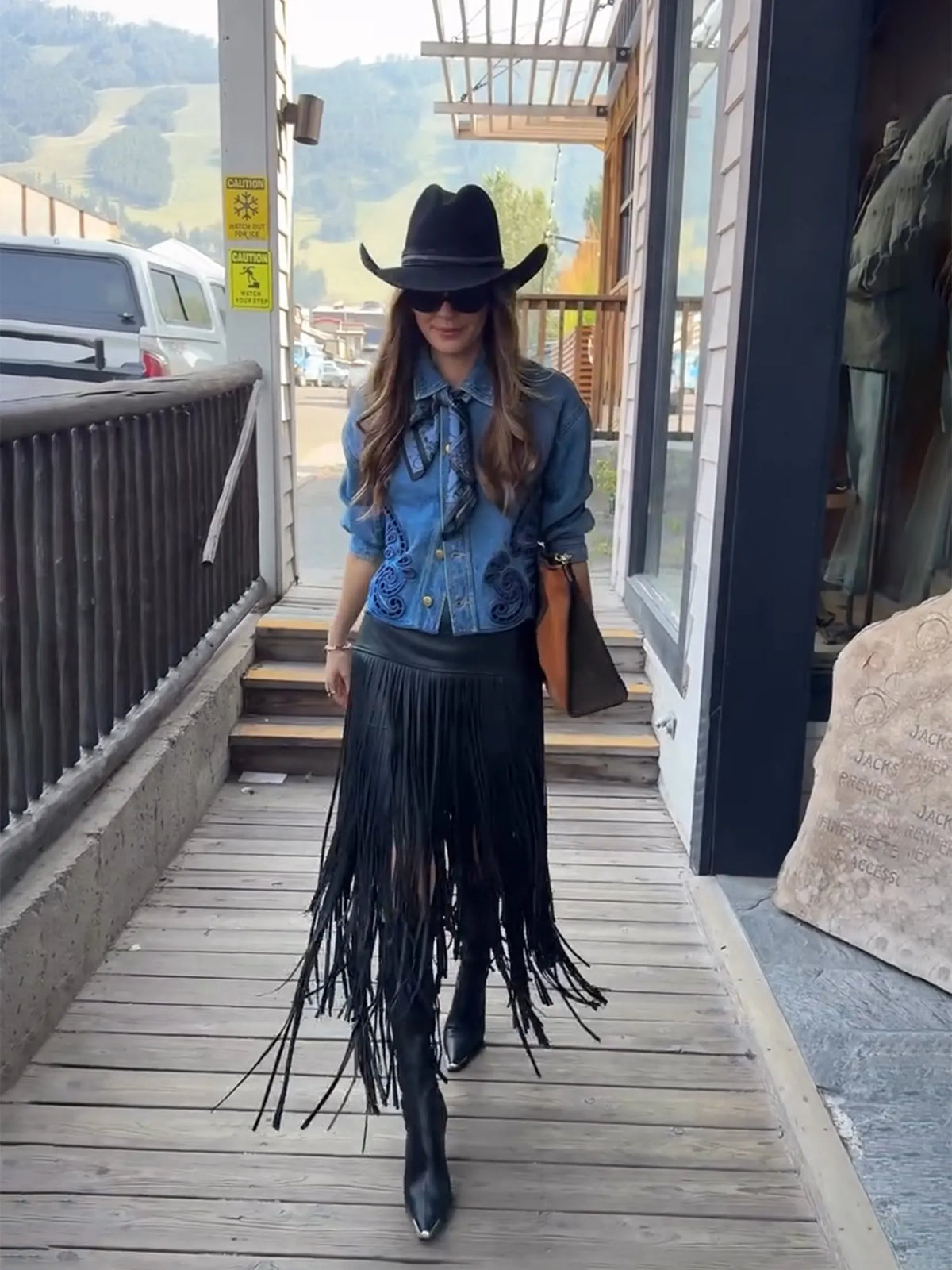 Roselyn Denim Jacket and Leather Fringe Skirt Set