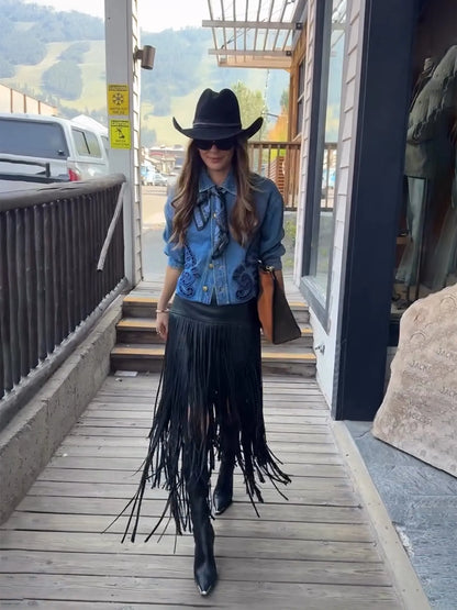 Roselyn Denim Jacket and Leather Fringe Skirt Set