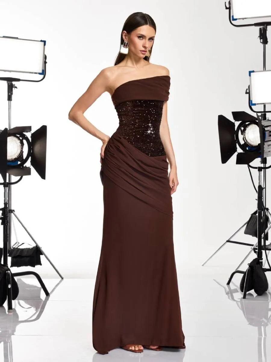 Samantha One Shoulder Sequin Ruched Maxi Dress