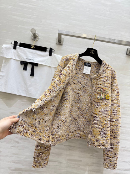 CC Cardigan Jacket Beige Multicolor Sheep Wool Tweed 343317