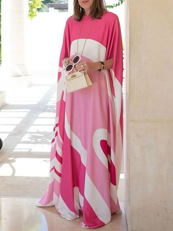 Batwing Sleeves Loose Contrast Color Printed Split-Joint Round-Neck Evening Dresses Maxi Dresses