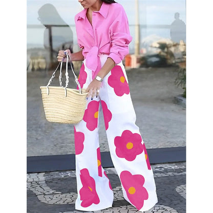 Loose Wide Leg Contrast Color Floral Printed Casual Pants Bottoms