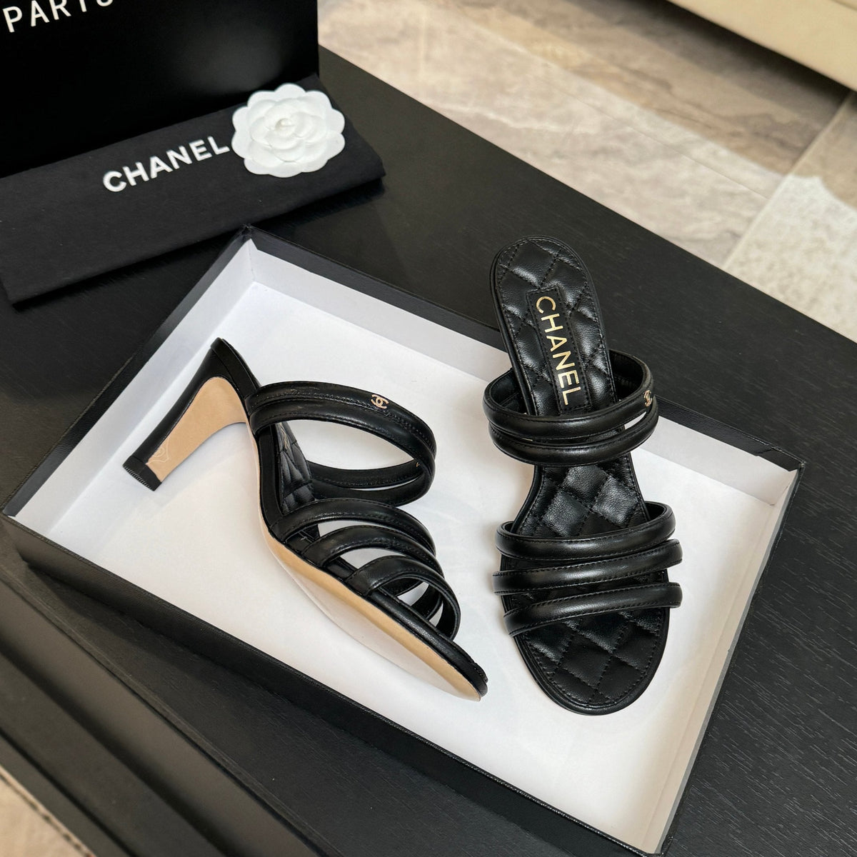 CC 26C Double C Strap Sandals Black Sheepskin
