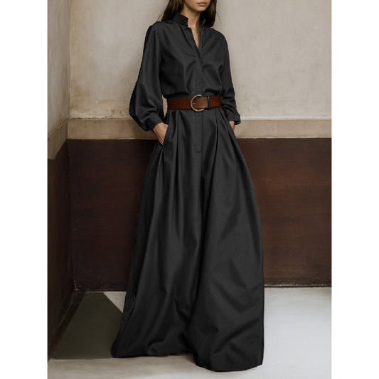 Long Sleeves Loose Buttoned No Belt Solid Color V-Neck Jumpsuits