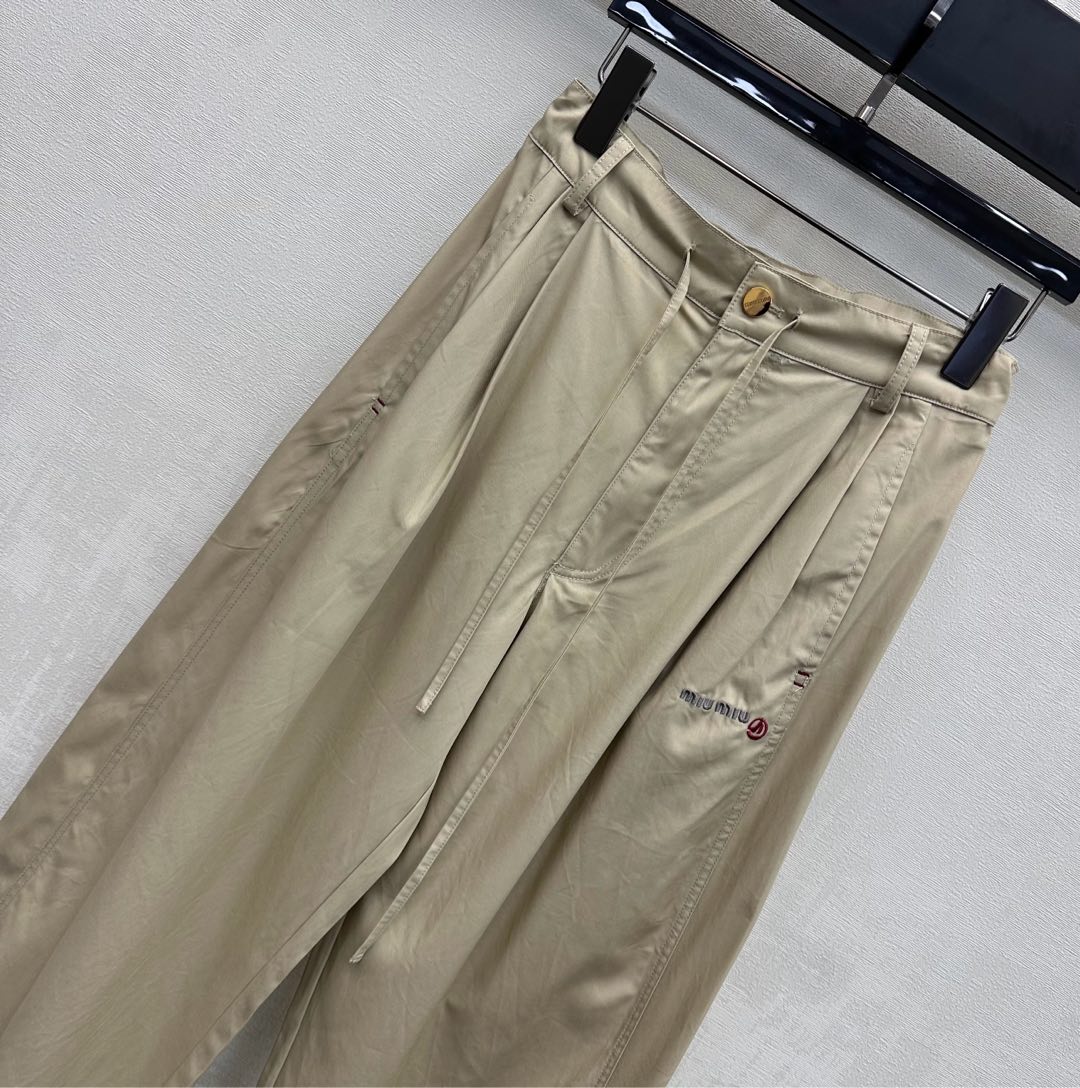 Miu Track Pants Khaki Cotton Tencel Fabric 350248