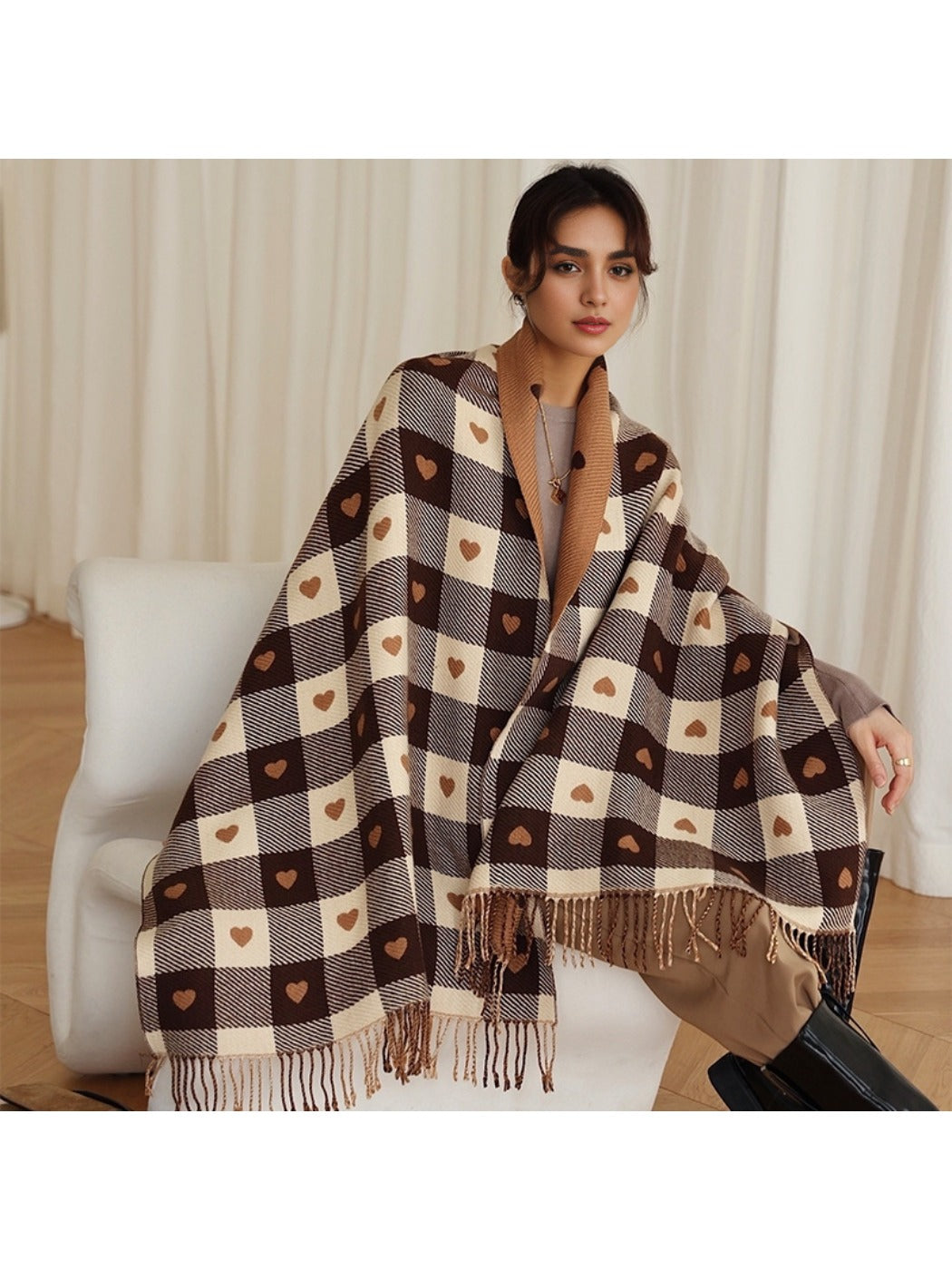 Sscarvii - Heart Print Plaid Winter Scarf