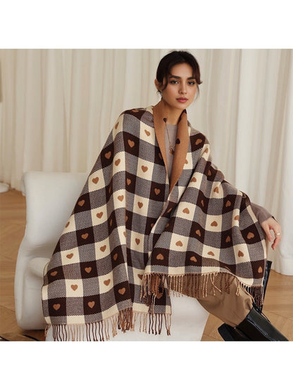 Sscarvii - Heart Print Plaid Winter Scarf