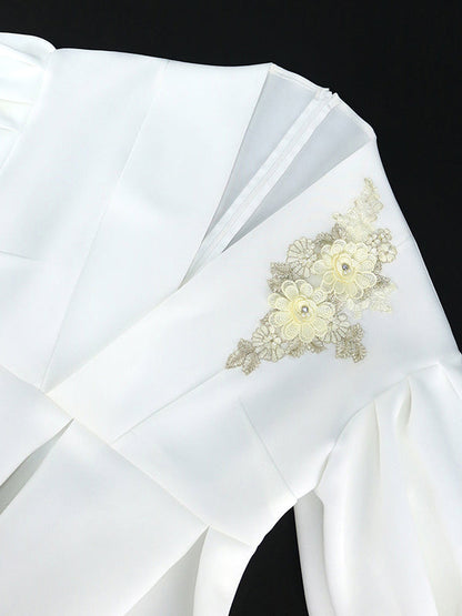 Half Sleeves Loose Asymmetric Embroidered Pleated Split-Joint Deep V-Neck Blouses&Shirts Tops