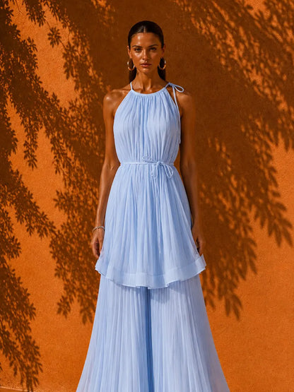 Ivy Pleated Sleeveless Maxi Beach Dress In Blue