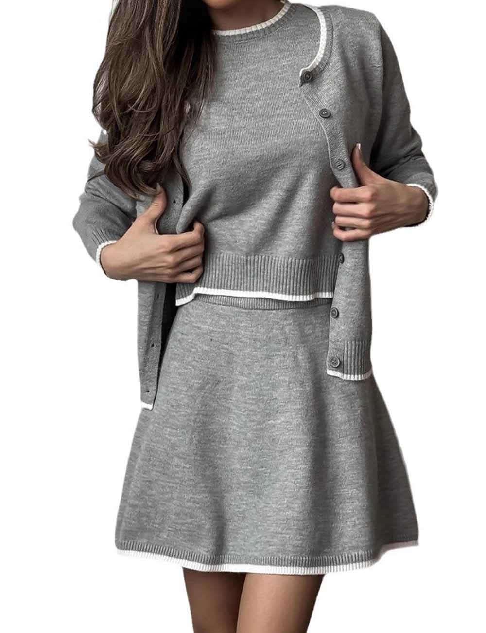 3-Piece Color Contrast Trim Knit Outfit Set