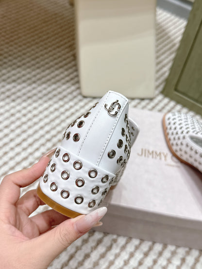 Jimmy Choo Eliot Slippers 45mm Metallic Eyelets White Calfskin 568495