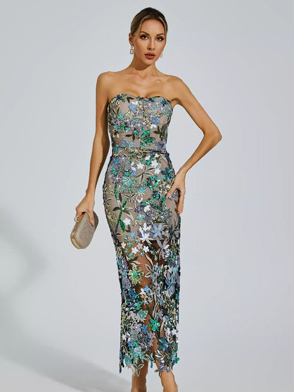 Mila Blue Flower Embroidered Midi Dress
