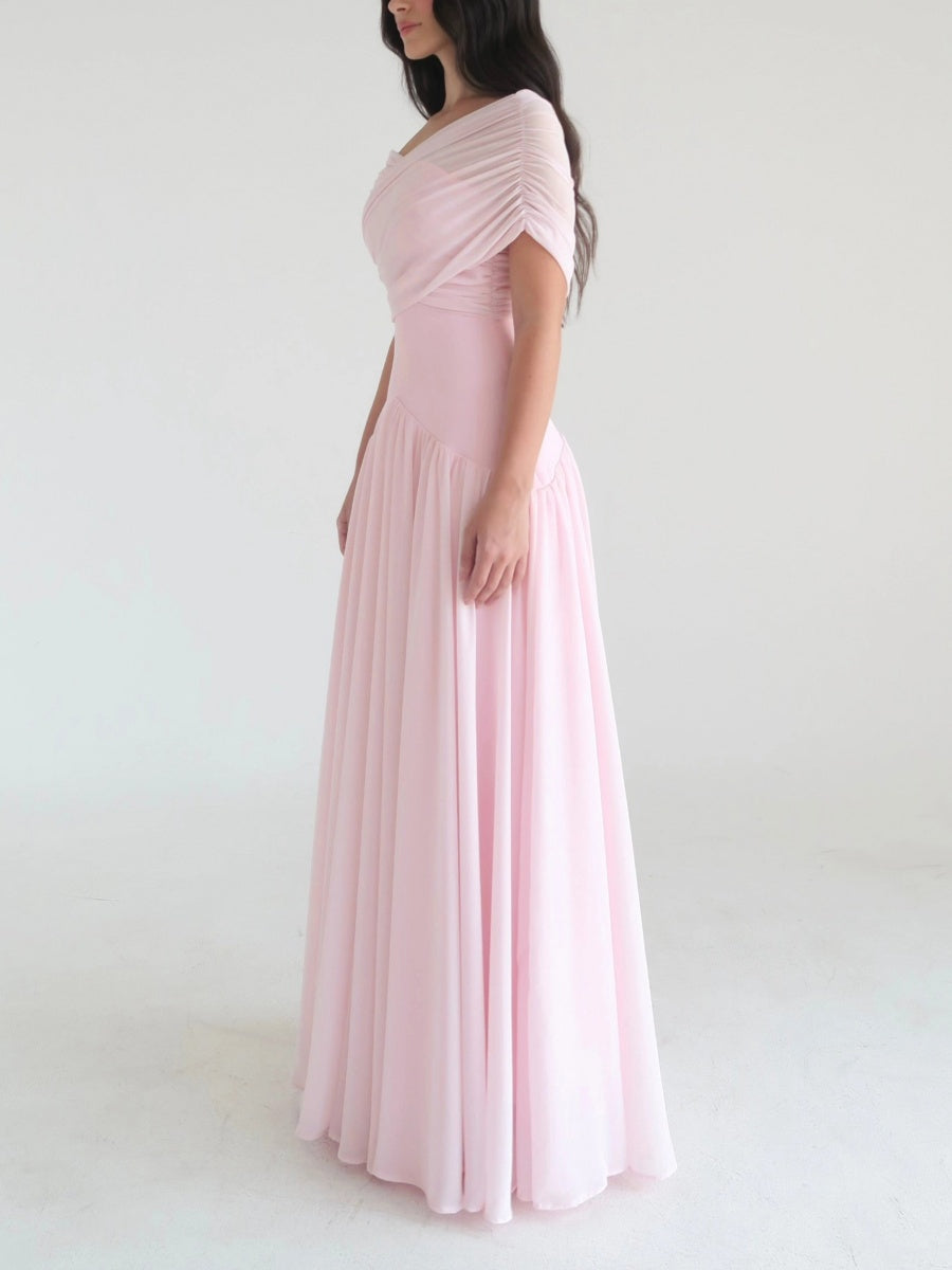 Chloe Off-the-Shoulder Ruched Chiffon Maxi Dress