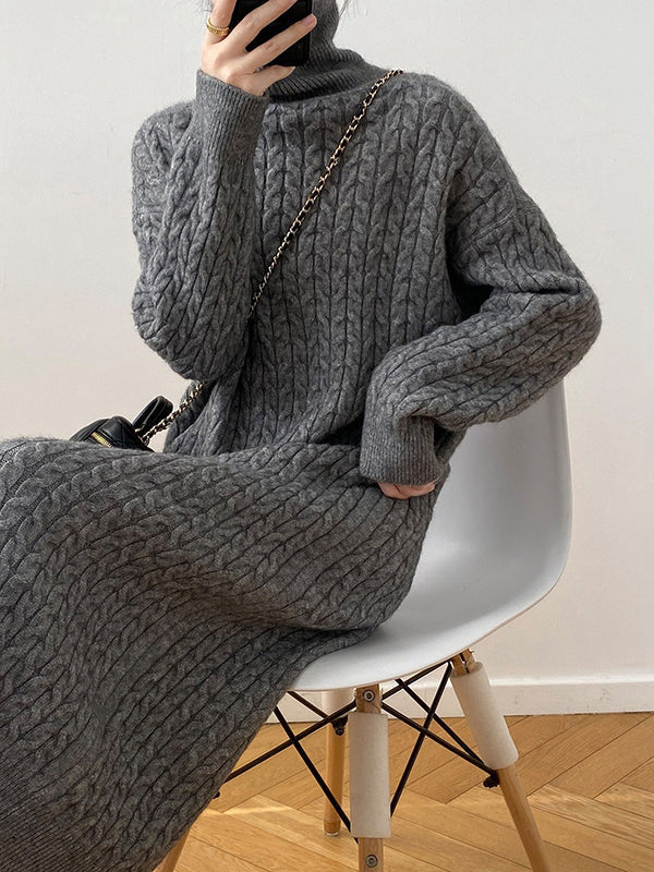 Solid Color H-Line Long Sleeves High Neck Knitted Midi Dresses