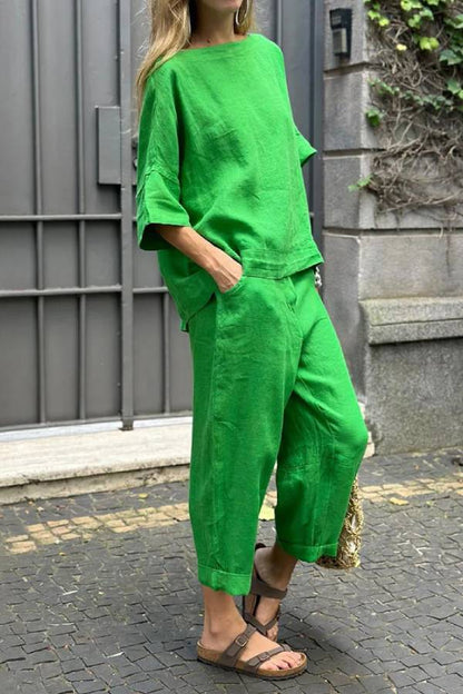 Casual Solid Color Crewneck Top \u0026 Pants Cotton Linen Two-piece Set