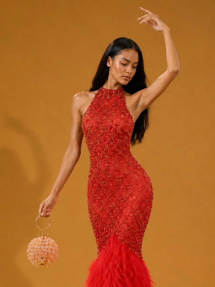 Isolde Elegant Rhinestone & Feather-Hem Maxi Dress In Red