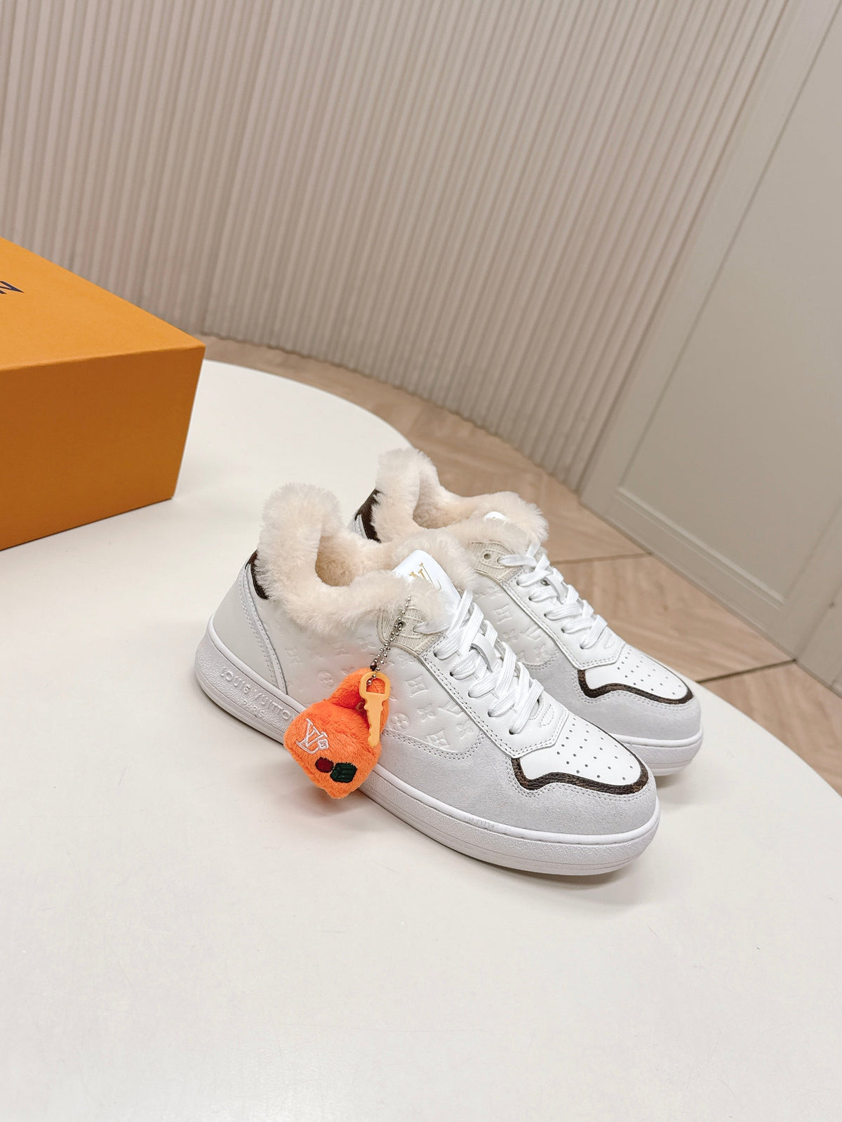 LV Stadium Sneaker White Brown Monogram Canvas Cowhide Wool 595426