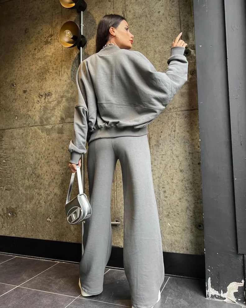 Zip Up Cardigan And Wide Leg Cotton Trousers Set