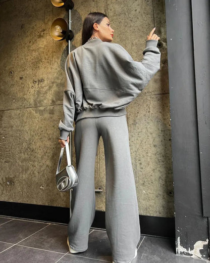 Zip Up Cardigan And Wide Leg Cotton Trousers Set