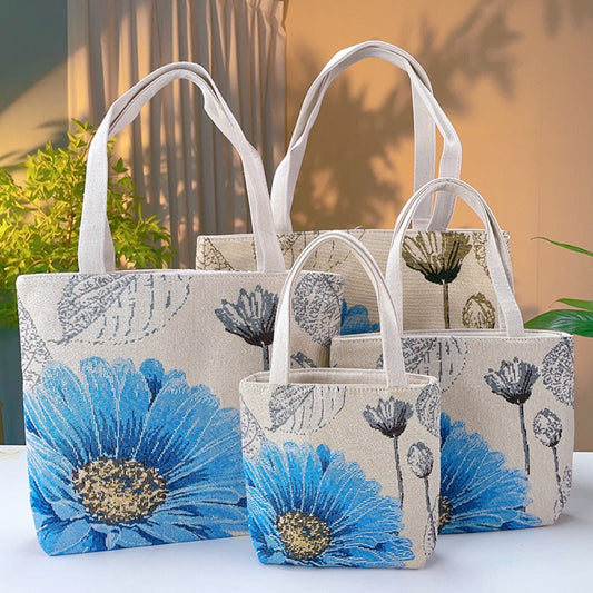 Cosbai - Blue Floral Embroidered Canvas Bag